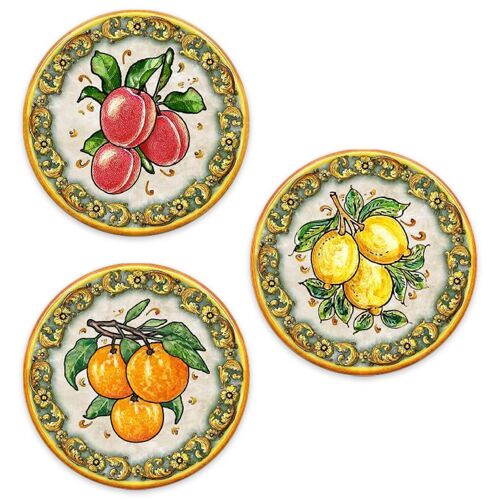 SOTTOTUTTO Rotondo Collezione FRUIT Set assortito Sottobicchiere, Sottopiatto o Sottopentola, segnaposto, bomboniera in legno decorato con stampa