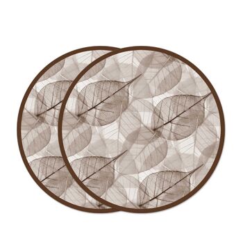 Sous tout décoré en Bois Rond Sous verre, assiette, pot FEUILLES MARRON 2