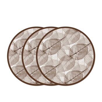 Sous tout décoré en Bois Rond Sous verre, assiette, pot FEUILLES MARRON 3