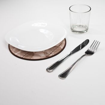 Sous tout décoré en Bois Rond Sous verre, assiette, pot FEUILLES MARRON 4