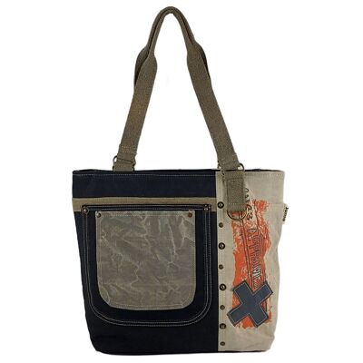 Sunsa Damen Handtasche. Schultertasche aus Canvas ( Segeltuch)  & Leder. Tasche in Vintage Retro Stil. Große Shopper Damentasche als Weekender Bag