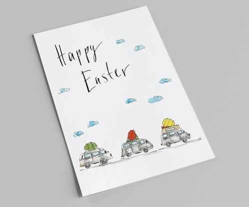 Osterkarte | Happy Easter | Bullis beladen mit Ostereiern | Postkarte Bullis und Ostern