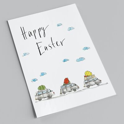 Osterkarte | Happy Easter | Bullis beladen mit Ostereiern | Postkarte Bullis und Ostern