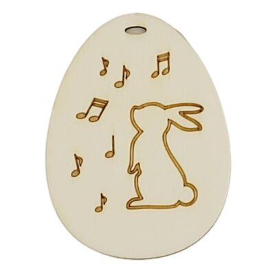 Ciondolo a forma di uovo di Pasqua con coniglietto pasquale e note musicali in legno