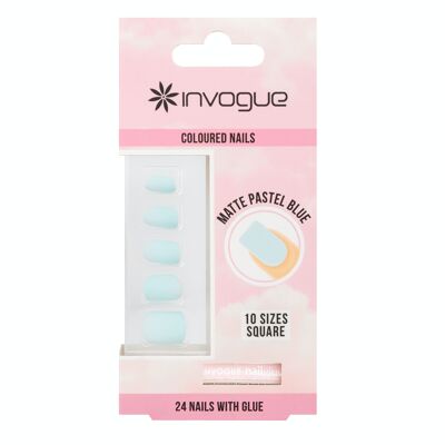 Uñas cuadradas azul pastel mate Invogue (24 piezas)