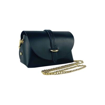 RB1001A | Small Bag in Genuine Leather Made in Italy with removable shoulder strap and shiny gold metal closure loop - Color Black - Dimensions: 16.5 x 11 x 8 cm