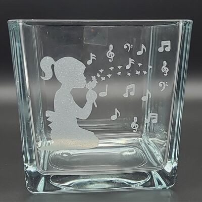 vaso musicale in vetro con bimba e note, quadrato