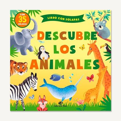 Discover the animals: Interactive children's books in Spanish in hardcover to learn vocabulary / story for children with 35 flaps / capital letter, made of stick