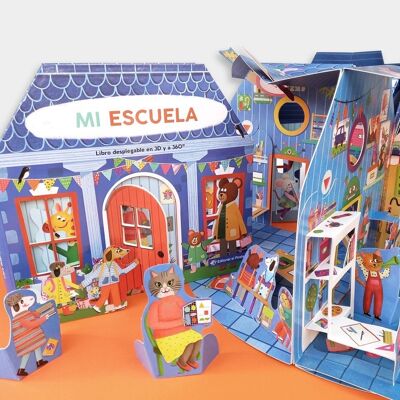 Mi escuela: Libros infantiles en español, libro carrusel desplegable en 3D y a 360º, libro pop-up, interactivo, juego simbólico / muñecos para jugar, buscar y encontrar, múltiples juegos / animales, regalo