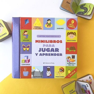 Minibooks to play and learn: Children's interactive game books in Spanish / Box with 9 stackable books, learn concepts and words / puzzle, construction game / learn to read, capital letter, stick