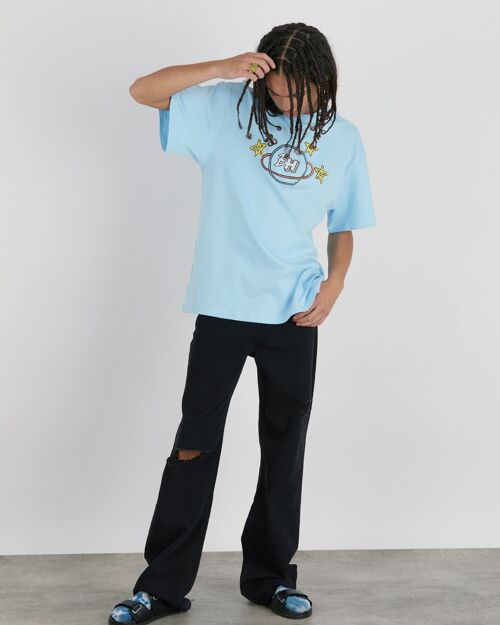 Another World Oversized Crew Neck Tee With Chest Graphic In Baby Blue