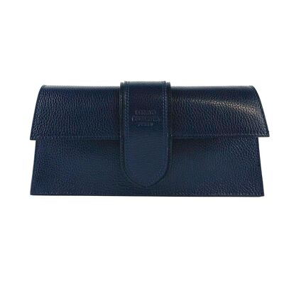 RB1005D | Baguette-Damentasche aus echtem Leder, hergestellt in Italien, mit doppeltem abnehmbarem Schultergurt. Befestigungen mit goldglänzenden Karabinerhaken aus Metall – Farbe Blau – Maße: 28 x 14 x 6 cm
