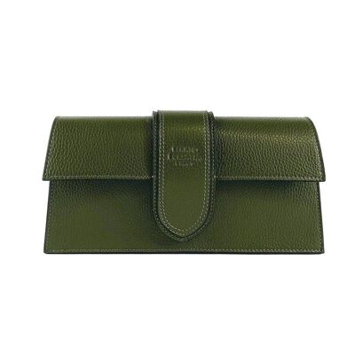 RB1005E | Baguette Woman Bag in Genuine Leather Made in Italy with double removable shoulder strap. Attachments with shiny gold metal snap hooks - Color Green - Dimensions: 28 x 14 x 6 cm