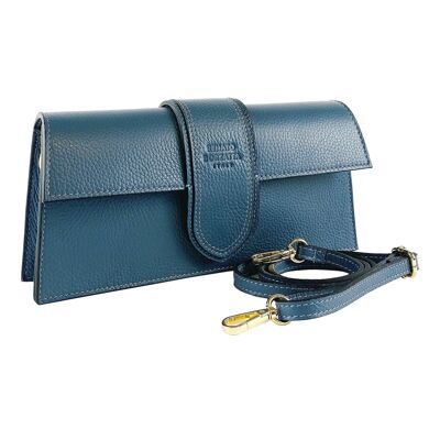 RB1005P | Baguette Woman Bag in Genuine Leather Made in Italy with double removable shoulder strap. Attachments with shiny gold metal snap hooks - Avio color - Dimensions: 28 x 14 x 6 cm