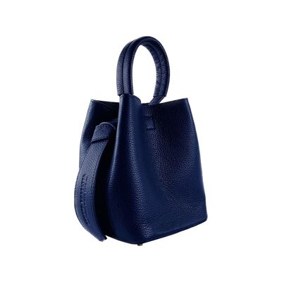 RB1006D | Bucket Bag with Pochette in Genuine Leather Made in Italy. Small shoulder bag with snap-hook attachments in shiny gold metal - Color Blue - Dimensions: 16 x 14 x 21 cm + Handle 13 cm