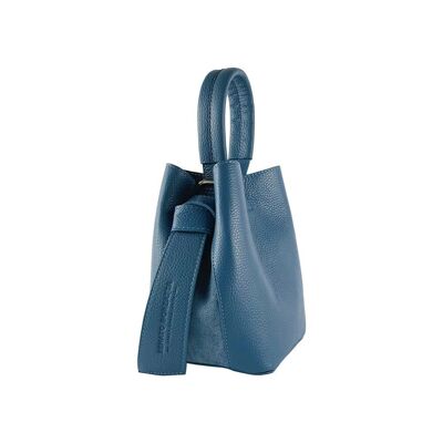 RB1006P | Sac Seau avec Pochette en Cuir Véritable Fabriqué en Italie Petit sac à bandoulière avec attaches mousquetons en métal doré brillant - Couleur Avio - Dimensions : 16 x 14 x 21 cm + Anse 13 cm