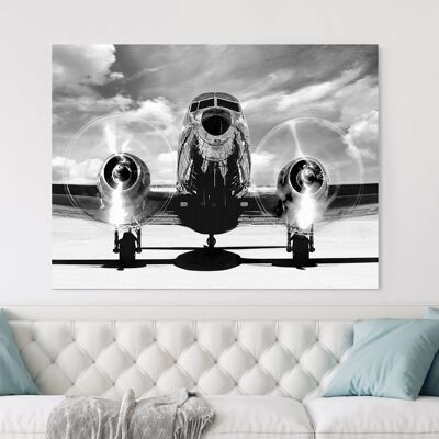Framework with vintage photograph, print on canvas: Plane taking off