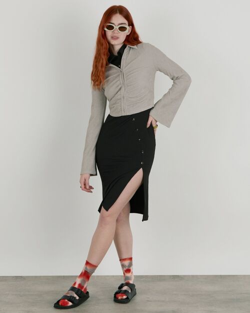 Button Me Up Ash Y2K Long Sleeve Ruched Button Up Crop Top In Grey