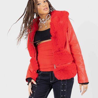 Chilli Fur Me Up Y2K Slim Fit Faux Fur Collared Jacket In Red