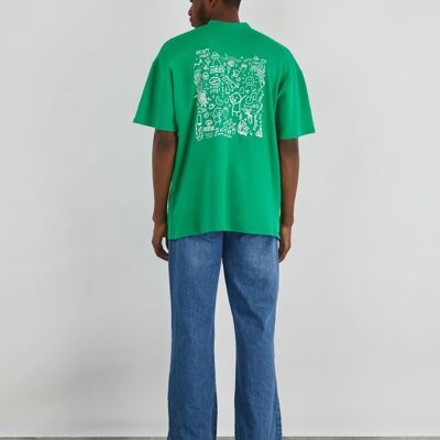 Grassy Green Doodle Oversized Crew Neck Tee With Graphics In Green