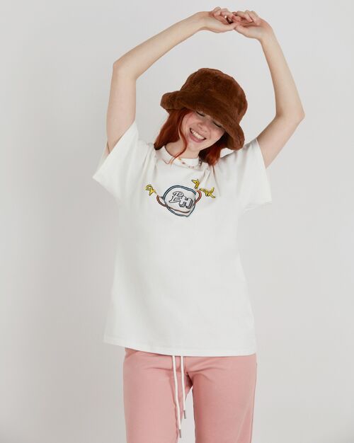 Milky Way Oversized Crew Neck Tee With Chest Graphic In Off White