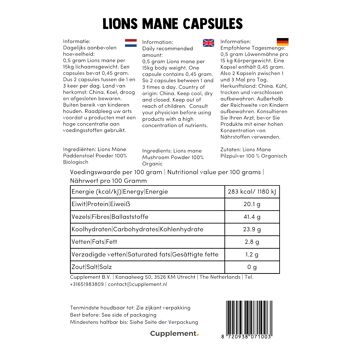 Cupplement - Lions Mane Capsules 60 Pièces - Biologique - 500 MG par capsule - Sans poudre - Supplément - Superaliment - Champignon - Champignon de perruque - Hericium Erinaceus 6