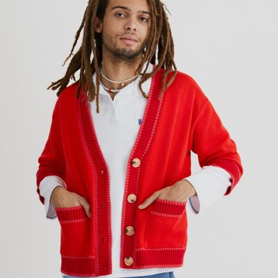 Old School AM Vintage Cardigan With Buttons And Patchwork Pockets In Red