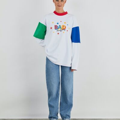 Playday 90 – Übergroßes, langärmliges Skater-Raglan-T-Shirt mit Grafik in Weiß