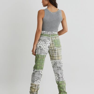 Reminiscing Distressed Straight Leg Jeans With Bandana Patchwork Print In Green