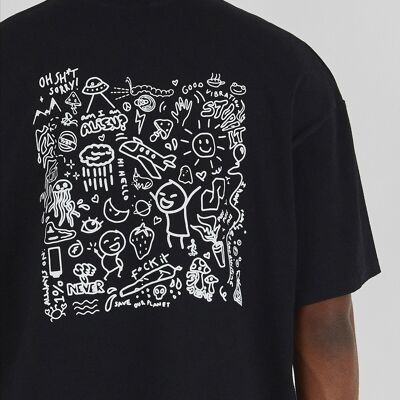 Squid Ink - T-shirt à col ras du cou oversize avec motifs graphiques - Noir