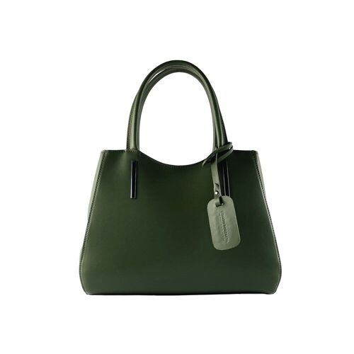 RB1004E | Borsa a Mano in Vera Pelle Made in Italy con Tracollina removibile e attacchi con moschettoni in metallo Canna di Fucile - Colore Verde - Dimensioni: cm 33 x 25 x 15 + Manici 13 cm