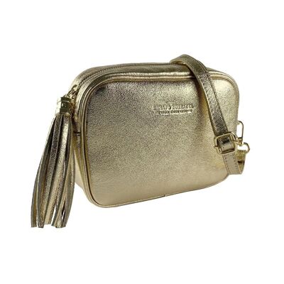 RB1007AS | Bolso de Hombro para Mujer en Piel Verdadera Hecho en Italia. Bandolera removible. Sujeciones con mosquetones de metal dorado brillante - Color Dorado - Dimensiones: 20 x 15 x 7 cm