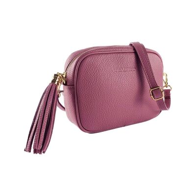 RB1007AZ | Bolso de Hombro para Mujer en Piel Verdadera Hecho en Italia. Bandolera removible. Sujeciones con mosquetones de metal dorado brillante - Color rosa antiguo - Dimensiones: 20 x 15 x 7 cm