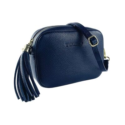 RB1007D | Women's Shoulder Bag in Genuine Leather Made in Italy.Removable shoulder strap. Attachments with shiny gold metal snap hooks - Color Blue - Dimensions: 20 x 15 x 7 cm