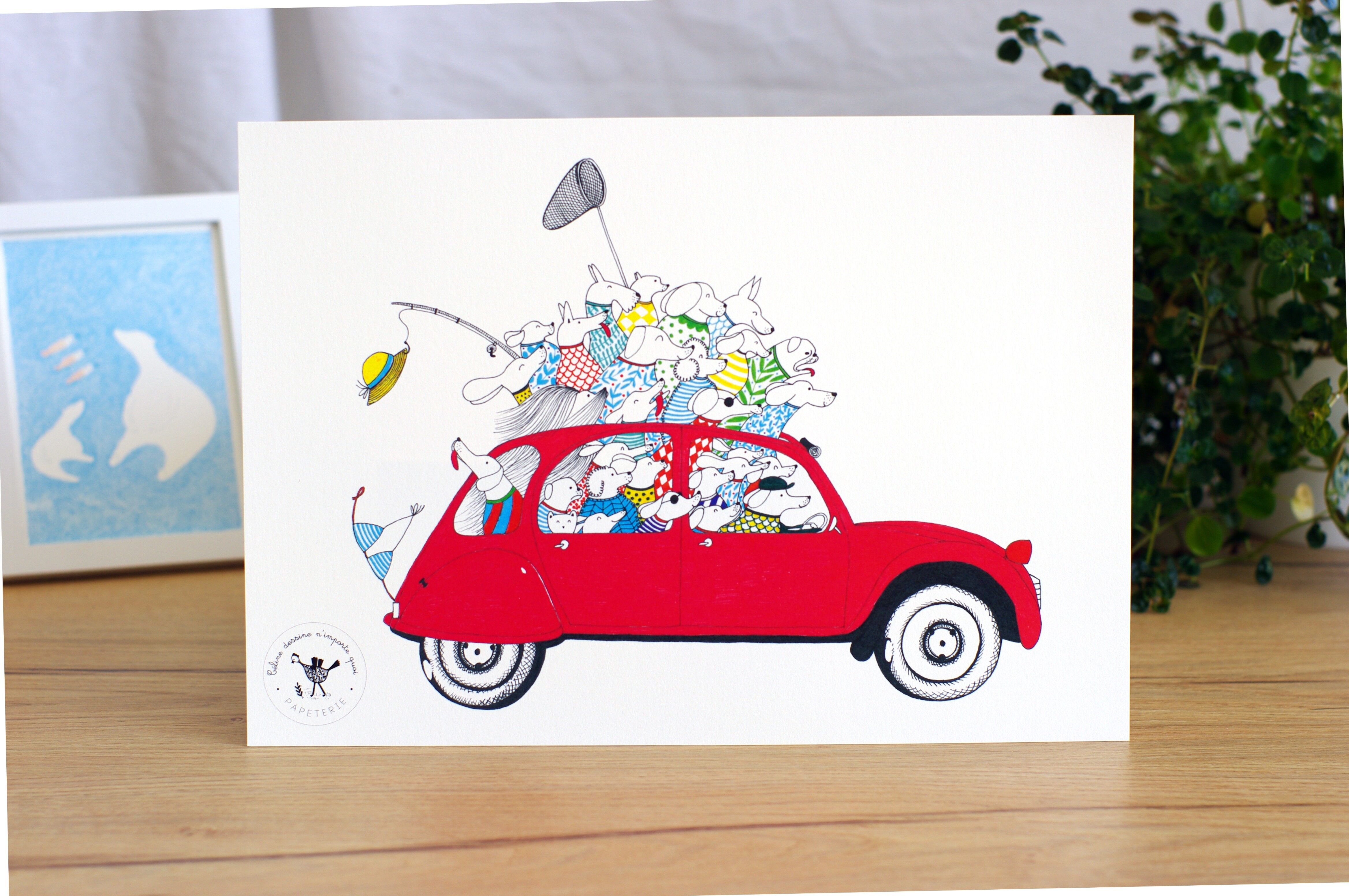 A4 poster - Group of dog friends in 2CV