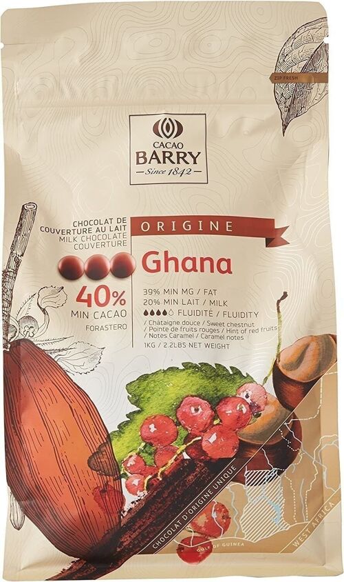 CACAO BARRY- 40% Min Cacao - Chocolat au lait de couverture- Cacao origine Ghana - Pistoles - 1 kg