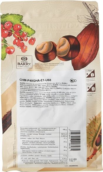 CACAO BARRY- 40% Min Cacao - Chocolat au lait de couverture- Cacao origine Ghana - Pistoles - 1 kg 5