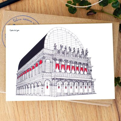 Póster A4 - Ópera de Lyon - Monumento moderno ciudad gráfico negro y rojo Arquitectura Jean Nouvel