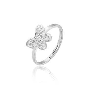 Bague papillon en acier et cristaux blancs - taille : m