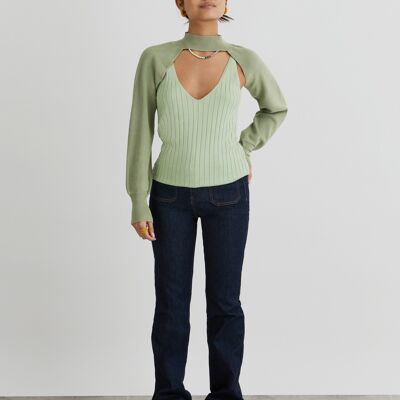 Two Cool Enthuse Ribbed Knit Tank Top With Cropped Long Sleeve In Green