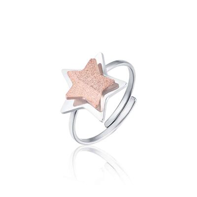 Steel ring with star and ip rose glitter