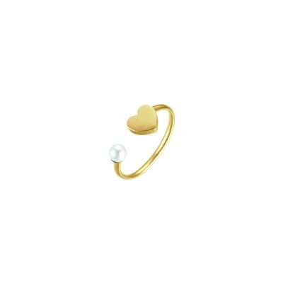 IP gold steel ring with heart and white pearl