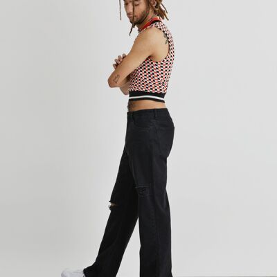 Under The Radar High Rise Straight Leg Denim Jeans With Rips In Black