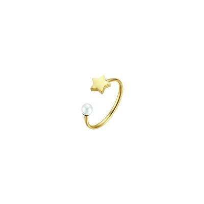 Anello in acciaio ip gold con stella e perla bianca