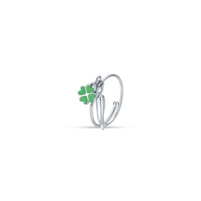 Junior ring in steel with horn and green four-leaf clover