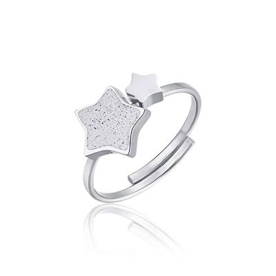 Adjustable steel ring with white glitter stars