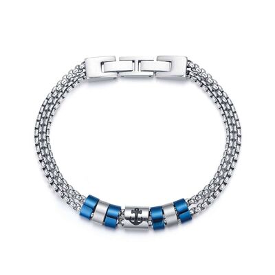 Steel bracelet with blue IP elements, anchor with black enamel