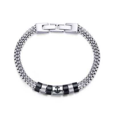 Steel bracelet with black IP elements, anchor with black enamel