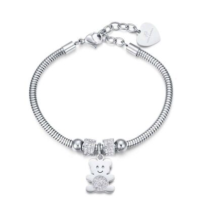 Steel bracelet with teddy bear and white crystals