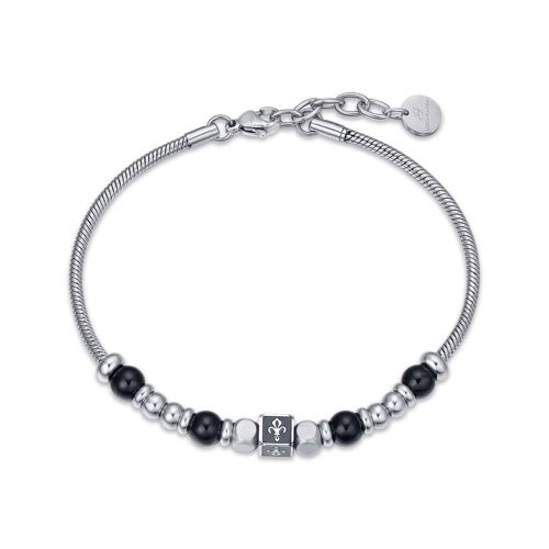 Bracciale acciaio con pietre nere con simbolo